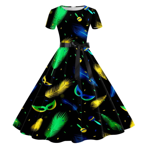 Yuanlong Womens Dresses Short Sleeve Feather Mask Printed Belted Midi Gown Carnival Joyful & Spring Summer Fashion Skirts