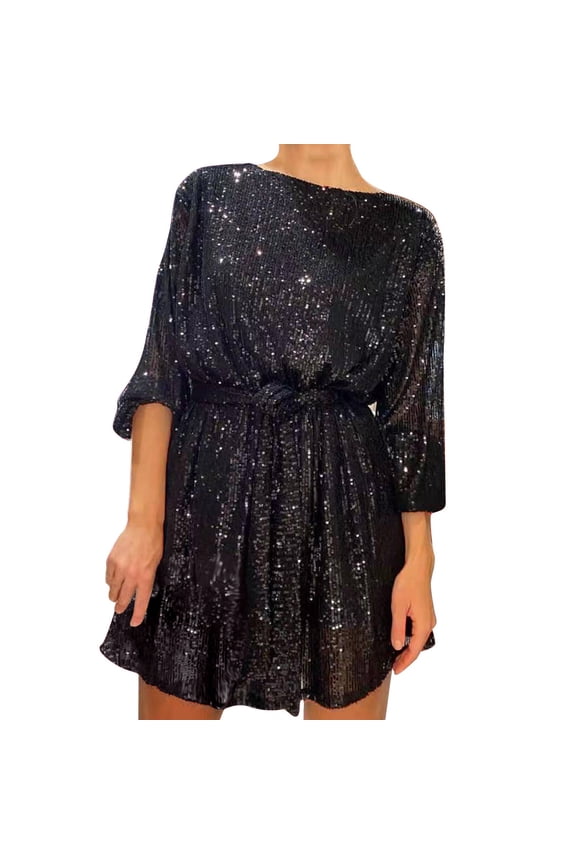 Womens Dresses Summer Sequin Beaded Lace Up 3/4 Sleeve Crewneck Mid Dresses Streetwear Fashion Shining Vestidos
