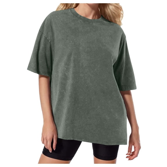 Yuanlong Womens Drop Shoulder Cotton T Shirt Washed Vintage Plain Crew Neck Short Sleeve Tee Loose Casual Street Lounge Top