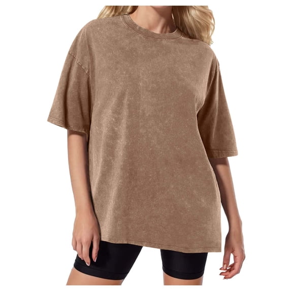 Yuanlong Womens Drop Shoulder Cotton T Shirt Washed Vintage Plain Crew Neck Short Sleeve Tee Loose Casual Street Lounge Top
