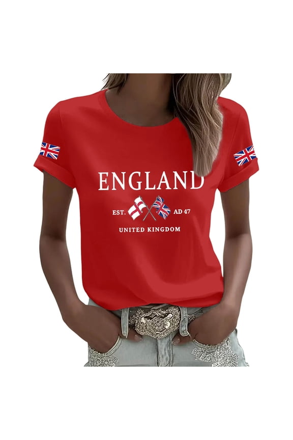 Womens England Union Graphic T Shirt Crewneck Short Sleeve Tees Soft Loose Casual Patriotic Holiday Travel Stylish Top