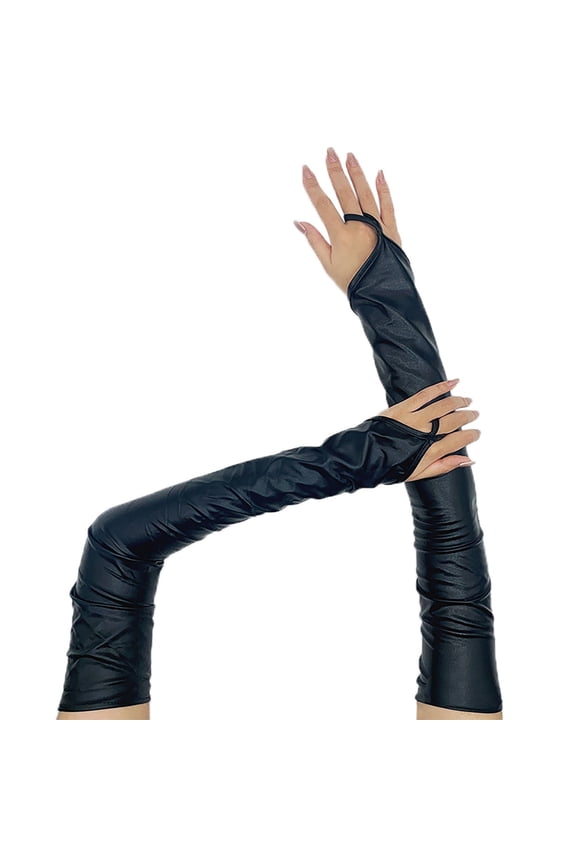 Womens Gloves Bright Glossy Long Pu Leather Hook Finger Gloves For Wedding Party Handwear Solid Arm Sleeves Gloves