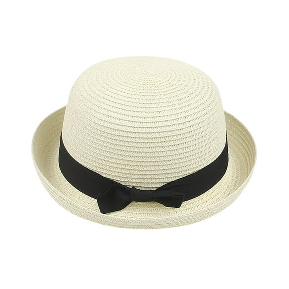 Yuanlong Womens Hats Black Ribbon Bow Design Woven Straw Bowler Hat Summer Lady Trendy Breathable Sunshade Beach Headwear
