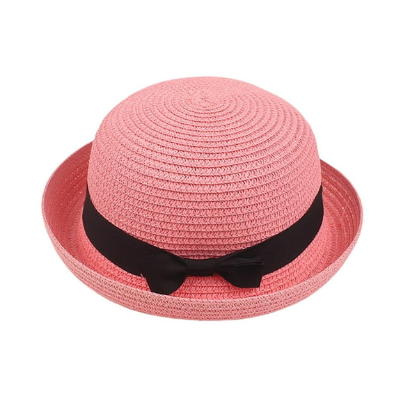 Yuanlong Womens Hats Black Ribbon Bow Design Woven Straw Bowler Hat Summer Lady Trendy Breathable Sunshade Beach Headwear