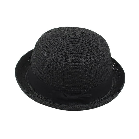 Yuanlong Womens Hats Black Ribbon Bow Design Woven Straw Bowler Hat Summer Lady Trendy Breathable Sunshade Beach Headwear
