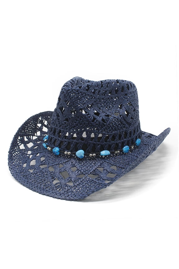Womens Hats Blue Bead Decor Hollow Woven Straw Cowboy Hat For Boho Summer Beach Wear Breathable Stylish Headwear