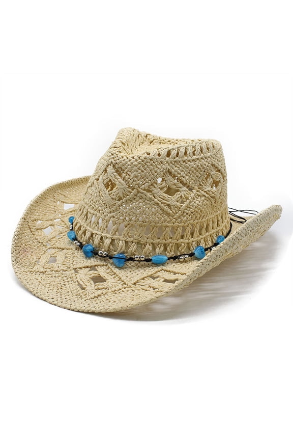 Womens Hats Blue Bead Decor Hollow Woven Straw Cowboy Hat For Boho Summer Beach Wear Breathable Stylish Headwear