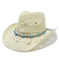 thumbnail image 1 of Yuanlong Womens Hats Blue Bead Decor Hollow Woven Straw Cowboy Hat For Boho Summer Beach Wear Breathable Stylish Headwear, 1 of 3