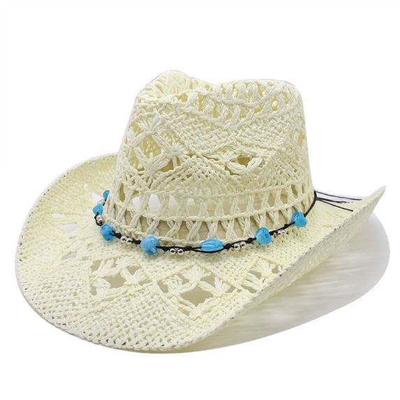 Yuanlong Womens Hats Blue Bead Decor Hollow Woven Straw Cowboy Hat For Boho Summer Beach Wear Breathable Stylish Headwear