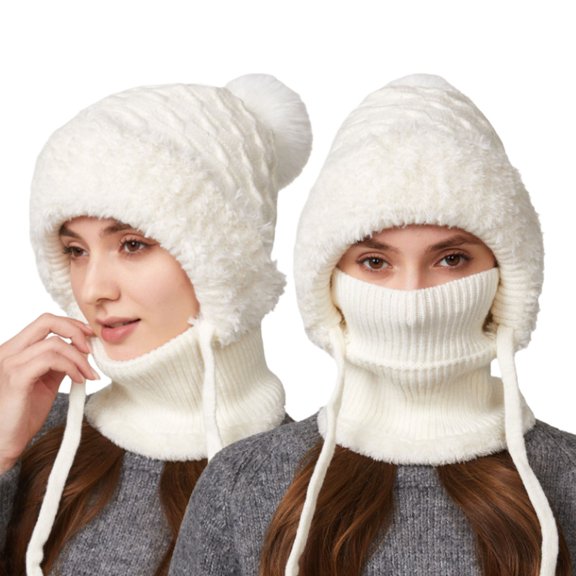 Yuanlong Womens Hats Knit Plain Drawstring Neck Warmer One Piece Beanie Caps Winter Streetwear Comfort Hat With Fur Ball