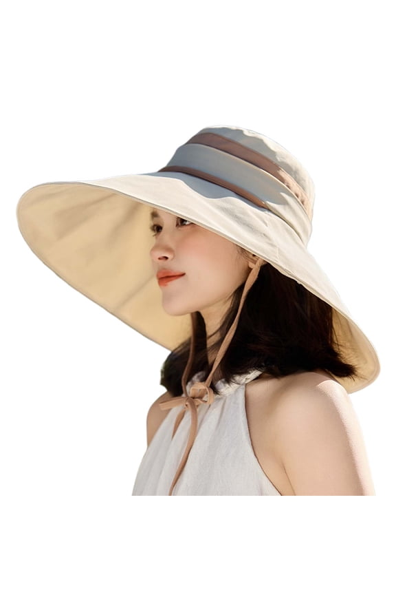 Womens Hats Oversized Wide Brim Sun Hat Contrast Band Windproof Chin Strap Cap Spring Summer UV Protection Hats