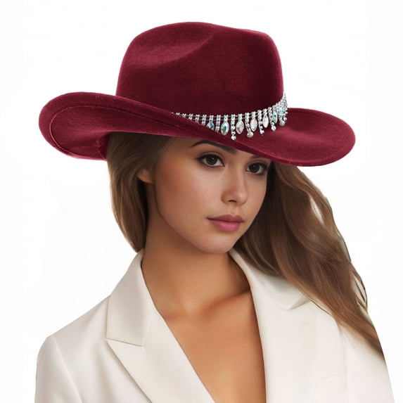 Yuanlong Womens Hats Rhinestone Design Wide Brim Fedora Hats Early Spring Summer Carnival Party Fashionable Cowboy Caps
