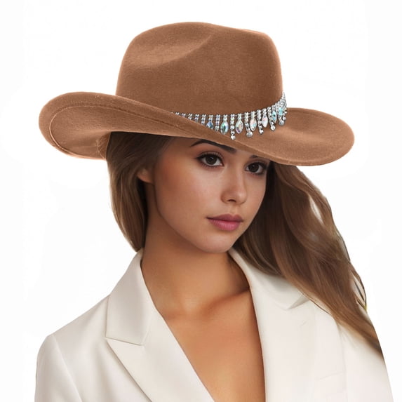 Yuanlong Womens Hats Rhinestone Design Wide Brim Fedora Hats Early Spring Summer Carnival Party Fashionable Cowboy Caps