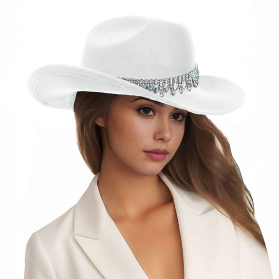 Yuanlong Womens Hats Rhinestone Design Wide Brim Fedora Hats Early Spring Summer Carnival Party Fashionable Cowboy Caps