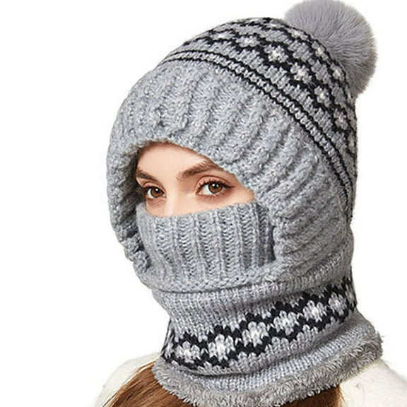 Yuanlong Womens Hats Thicken Plush Neck Warmer One Piece Knit Beanie Hat With Pom For Cold Weather Warm 2 In 1 Scarf Cap