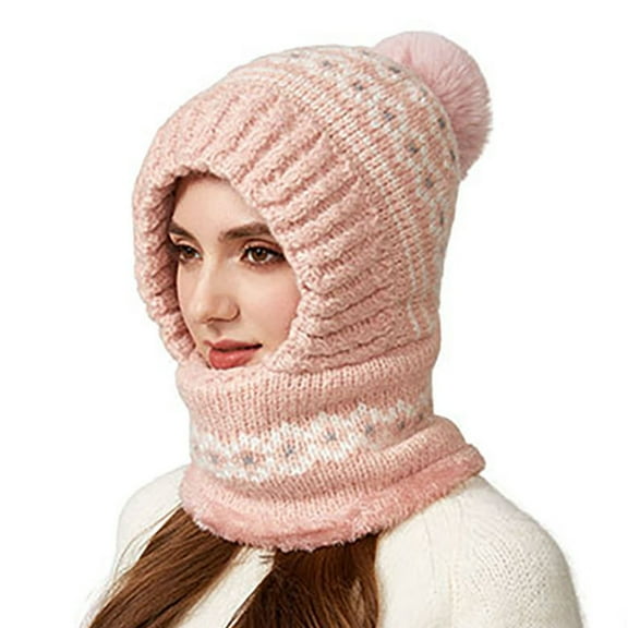 Yuanlong Womens Hats Thicken Plush Neck Warmer One Piece Knit Beanie Hat With Pom For Cold Weather Warm 2 In 1 Scarf Cap