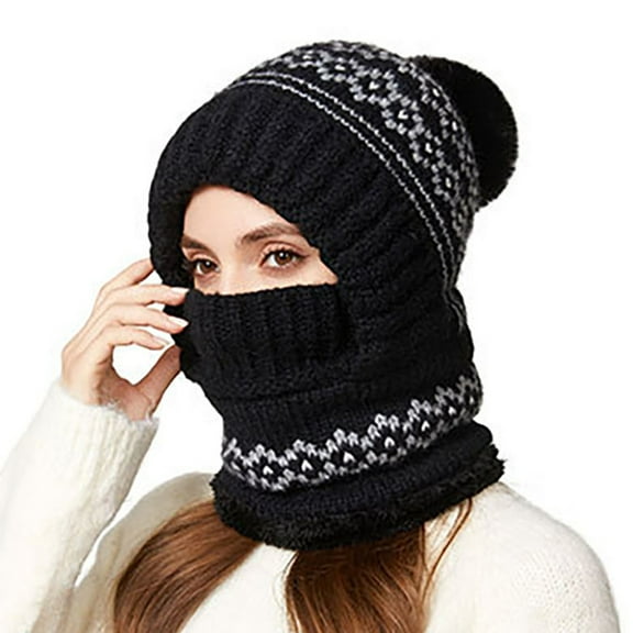 Yuanlong Womens Hats Thicken Plush Neck Warmer One Piece Knit Beanie Hat With Pom For Cold Weather Warm 2 In 1 Scarf Cap