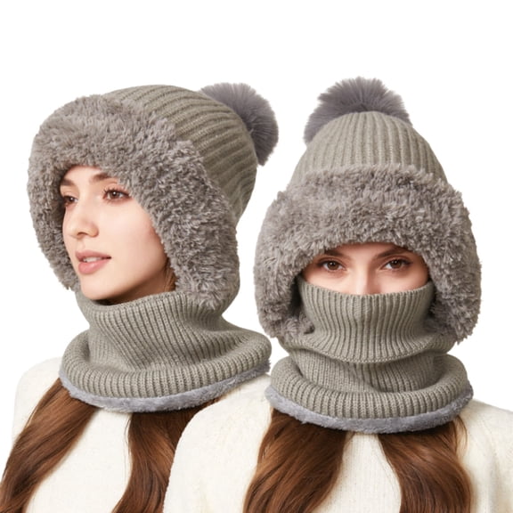Yuanlong Womens Hats Winter Knit Fluffy Lined Plain Neck Warmer One Piece Beanie Caps Outdoor Wear Warm Soft Pom Pom Hat
