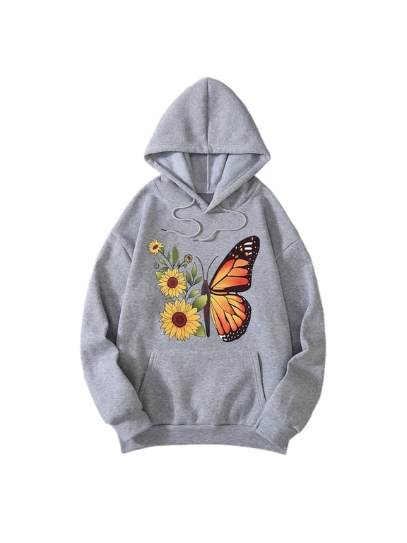 Womens Hoodie Butterfly Sunflower Graphic Long Sleeve Pullover Hooded Sweatshirt With Pockets Fall Loose Casual Top