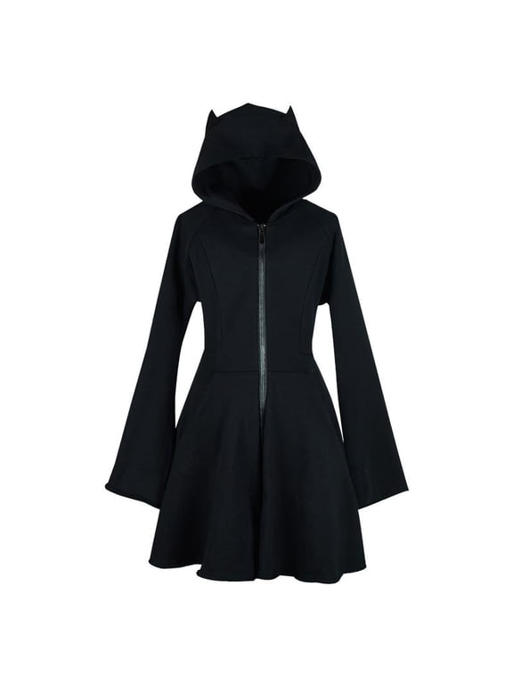 Womens Hoodie Y2K Gothic Halloween Devil Horn Zip Up Hooded Dress Long Sleeve Slim Fitted Waist Fall Casual Sweatshirt