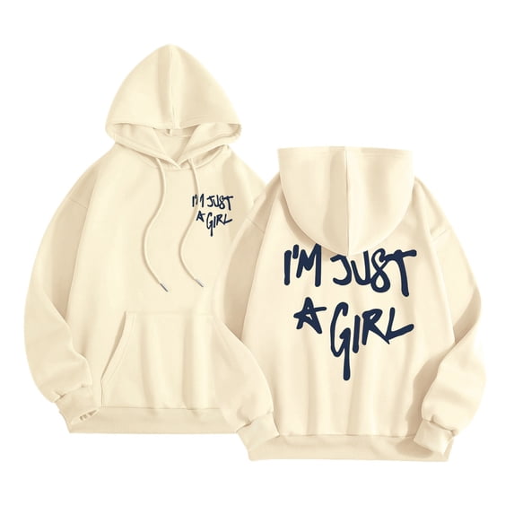 Yuanlong Womens Hoodies Letter Print Loose Fit Drawstring Hooded Sweatshirts Long Sleeved With Pocket Outdoors Pullover Top