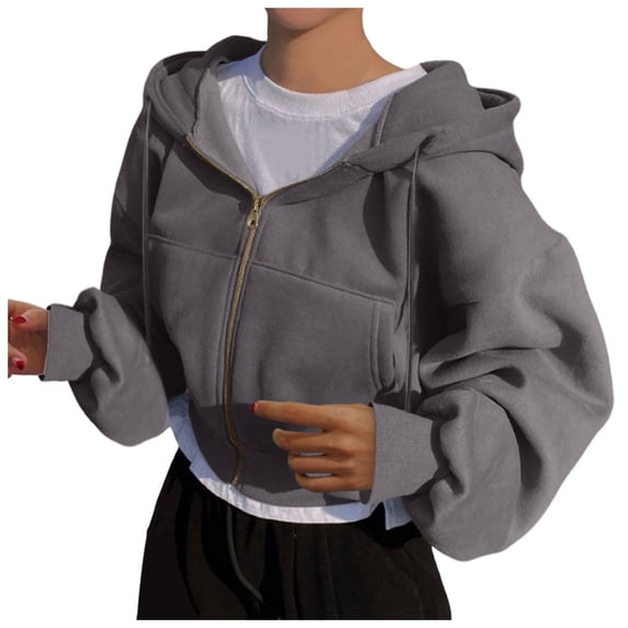 Yuanlong Womens Hoodies Oversized Cropped Zipper Front Solid Long Sleeve Hoodie Spring Outerwear Stylish Loose Lady Tops