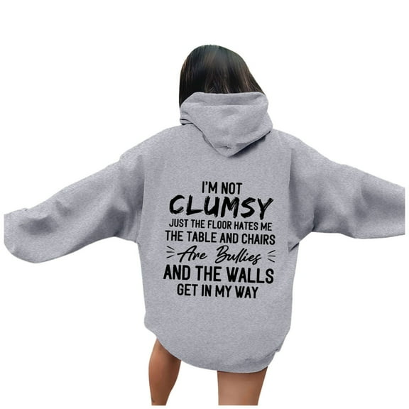 Yuanlong Womens Hoodies Oversized "I'M NOT CLUMSY" Printed Long Sleeve Hoodie Spring Streetwear Comfortable Sporty Clothes
