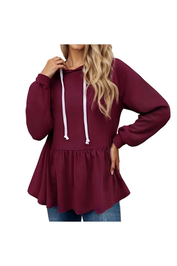 Womens Hoodies Plain Long Sleeve Drawstring Peplum Hem Hooded Sweatshirt Spring Fall Wear Fashion Pullover Tops