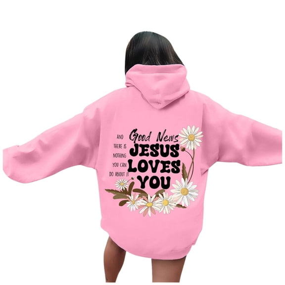 Yuanlong Womens Hoodies Plus Size Letter Flower Graphic Long Sleeve Drawstring Tops Casual Hooded Sweatshirt With Pockets