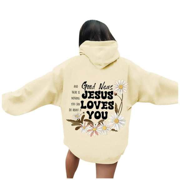 Yuanlong Womens Hoodies Plus Size Letter Flower Graphic Long Sleeve Drawstring Tops Casual Hooded Sweatshirt With Pockets