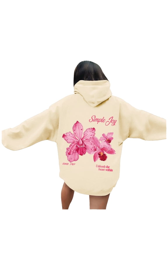 Womens Hoodies "Simple Joy" Floral Printed Long Sleeve Hoodie Spring Daily Stylish Wear Ladies Comfortable Tops
