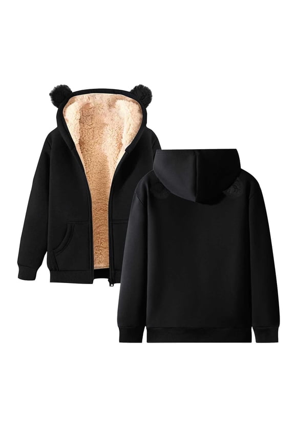 Womens Hoodies Solid Long Sleeve Bear Ear Zipper Thick Hoodies Jackets Autumn Winter Outerwear Lady Casual Coat Tops With Pockets