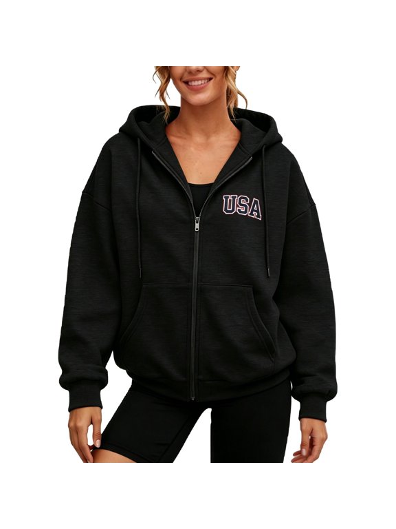 Womens Hoodies USA Letter Print Zip Up Long Sleeve Hooded Jacket Soft Comfort Relaxed Fit Fall Casual Sweatshirt Coat