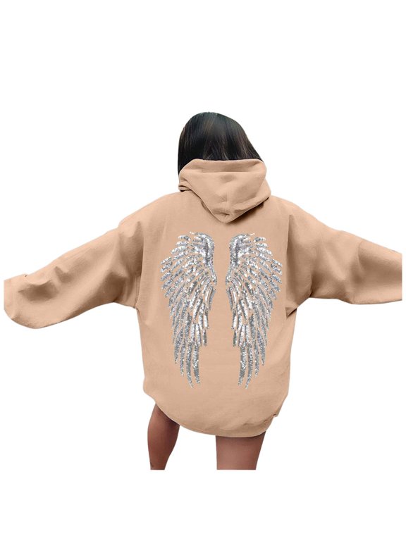 Womens Hoodies Y2K Angel Wing Sequin Back Graphic Hooded Top With Pocket Comfort Cozy Fall Stylish Casual Sweatshirt