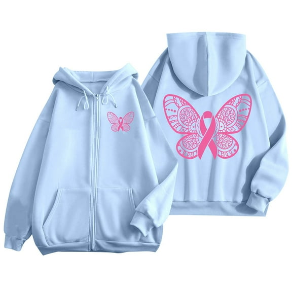 Yuanlong Womens Hoodies Zip Up Long Sleeve Ribbon Butterflies Print Hoodie Breast Cancer Awareness Jackets With Pockets