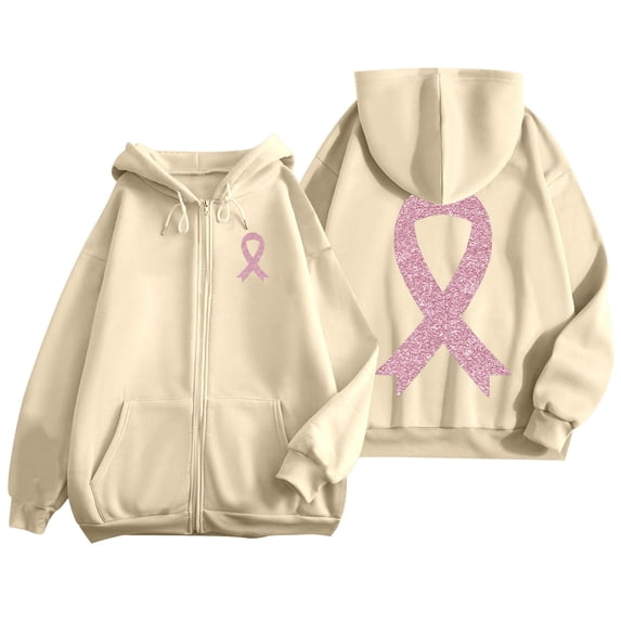 Yuanlong Womens Hoodies Zip Up Long Sleeve Ribbon Print Drawstring Hoodie Breast Cancer Awareness Jackets With Pockets