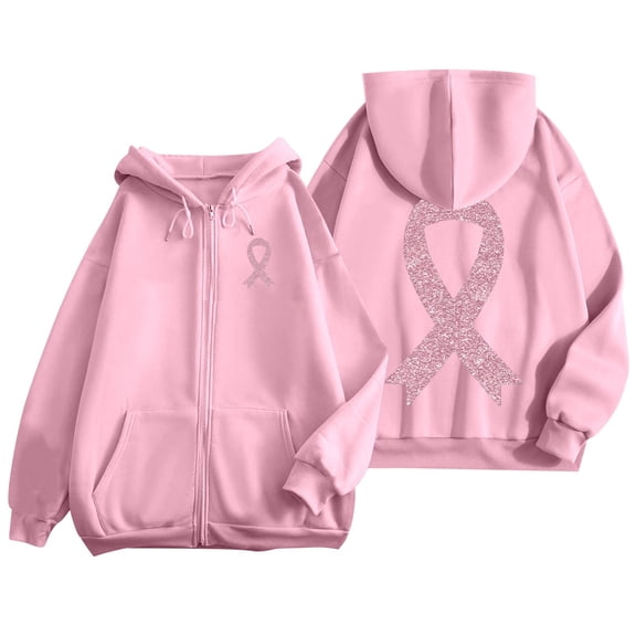 Yuanlong Womens Hoodies Zip Up Long Sleeve Ribbon Print Drawstring Hoodie Breast Cancer Awareness Jackets With Pockets