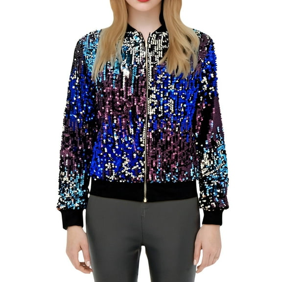 Yuanlong Womens Jackets Fashion Stand Collar Long Sleeve Color Sequin Baseball Jacket Daily Streetwear Shiny Short Coats