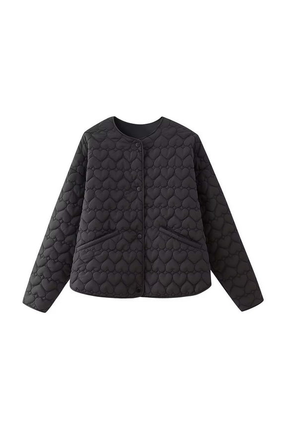 Womens Jackets Lady Basic O Neck Button Down Long Sleeve Heart Shape Quilted Jacket Autumn Winter Warm Light Coat