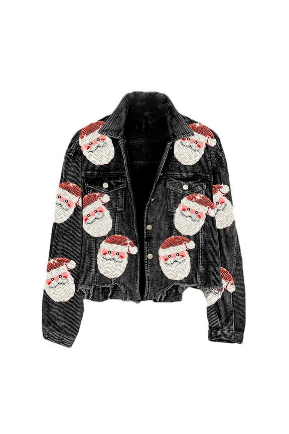 Womens Jackets Merry Christmas Corduroy Santa Print Sequined Baseball Jacket Fall Winter Casual Coat With Pockets