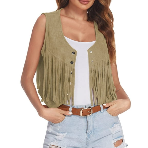 Yuanlong Womens Jackets Western Cowboy Punk Style Tassel Sleeveless Button Front Jackets Summer Travel Fashionable Tops