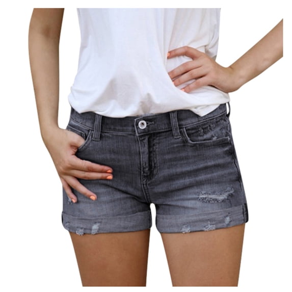 Yuanlong Womens Jeans Pants Summer Washed Midi Waist Slim Ripped Denim Shorts Ladies Cool Bottom Tailored Mini Jean Pant