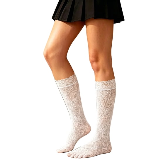 Yuanlong Womens Knee-High Socks Lace Mesh Breathable Mid Calf Socks Elegant Party Wear Knit Hosiery