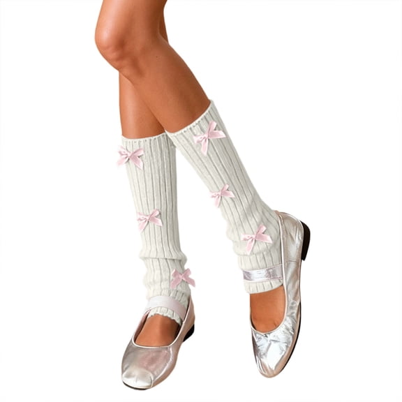 Yuanlong Womens Leg Warmers Ribbed Knit With Bow Detail Knee-High Stirrup Socks Stretchy Spring Wear Fashion Slouch Socks