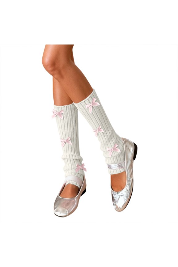Womens Leg Warmers Ribbed Knit With Bow Detail Knee-High Stirrup Socks Stretchy Spring Wear Fashion Slouch Socks