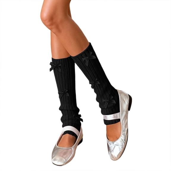 Yuanlong Womens Leg Warmers Ribbed Knit With Bow Detail Knee-High Stirrup Socks Stretchy Spring Wear Fashion Slouch Socks