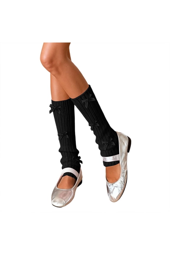 Womens Leg Warmers Ribbed Knit With Bow Detail Knee-High Stirrup Socks Stretchy Spring Wear Fashion Slouch Socks