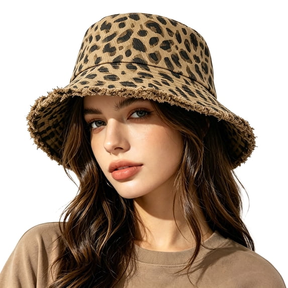 Yuanlong Womens Leopard Print Bucket Hat Wide Brim Frayed Edge Sun Cap Casual Stylish Beach Vacation Outdoor Headwear