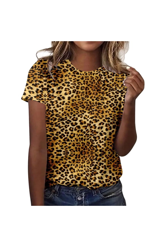 Womens Leopard Print T Shirt Crew Neck Short Sleeve Tee Relaxed Fit Casual Classic Y2K Trendy Club Night Out Casual Top