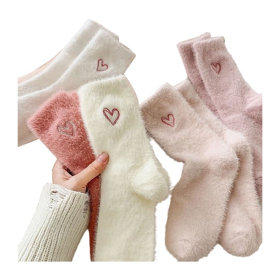Yuanlong Womens Mid-Calf Socks 5-Piece Fuzzy Plush Heart Embroidery Crew Socks Warm Cute Winter Daily Comfortable Socks